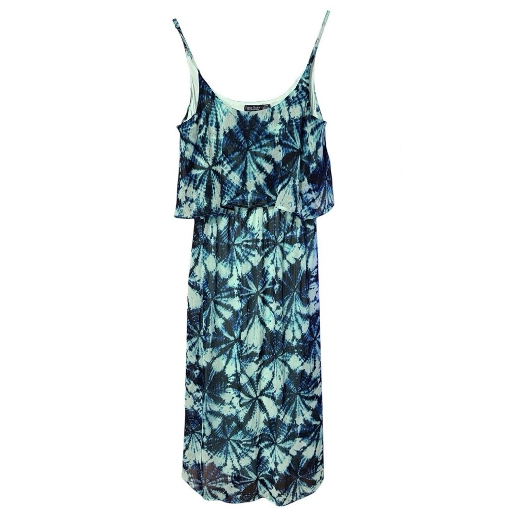 Faded Glory L Flounce Top Maxi Dress Blue Black Tropical Batik Tie Dye Boho